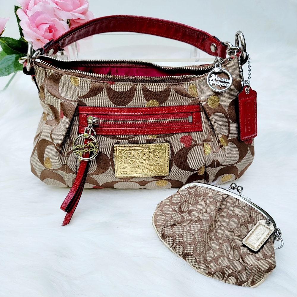 Coach Poppy Monogram Gold Sparkle Dots. Red Hearts &Trim Bag